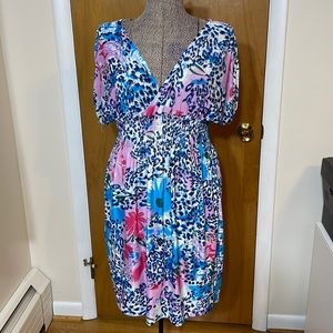 Paris Pink Womens Large Dress Waist Defined with Elastic Ruching Animal Print